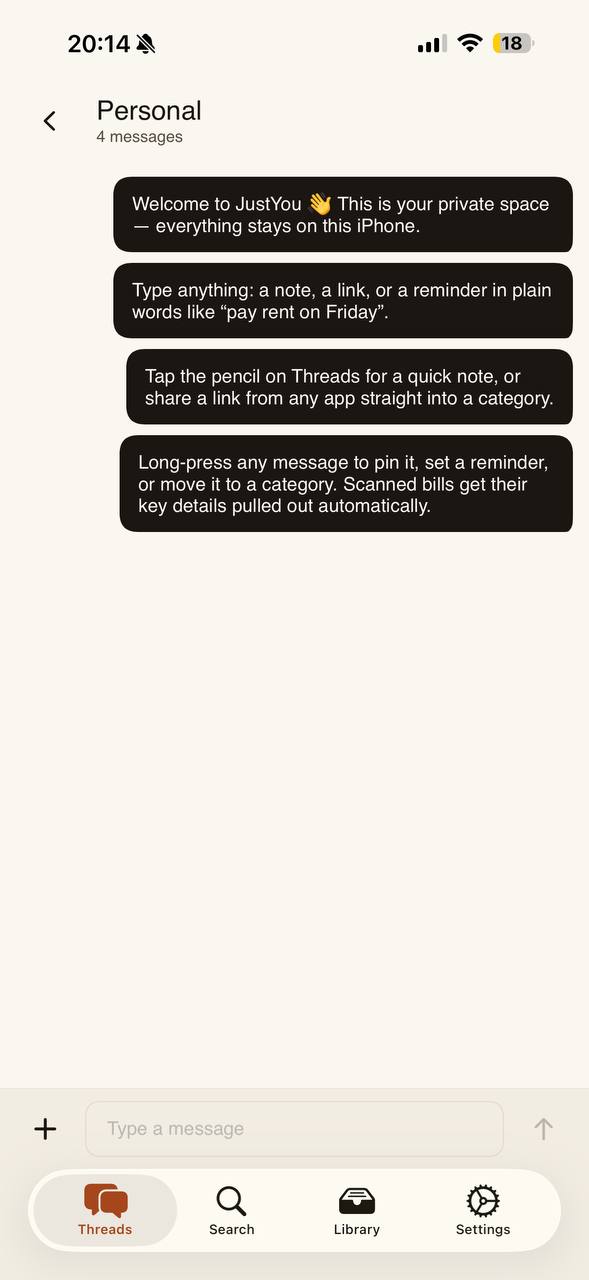 The JustYou chat: notes you've texted to yourself on a warm paper background.
