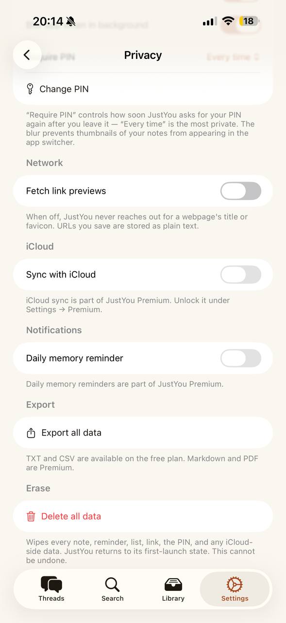 JustYou Privacy settings: link previews and iCloud sync off, with export and delete-all-data controls.